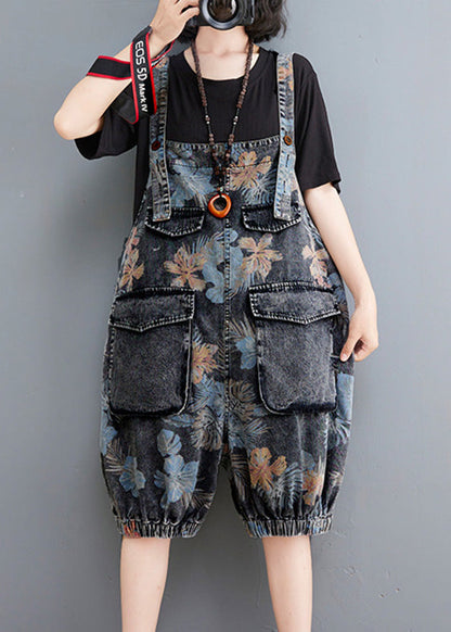 Fitted Print Patchwork Button Denim Lantern Jumpsuits Summer LY1277 - fabuloryshop