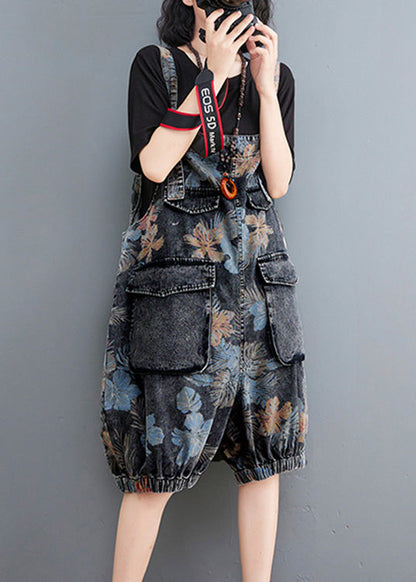 Fitted Print Patchwork Button Denim Lantern Jumpsuits Summer LY1277 - fabuloryshop