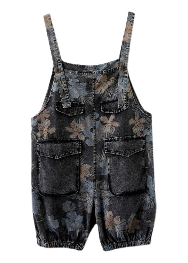 Fitted Print Patchwork Button Denim Lantern Jumpsuits Summer LY1277