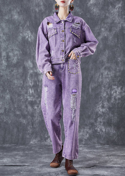 Fitted Purple Hollow Out Rivet Denim Two Pieces Set Summer LY5598 - fabuloryshop