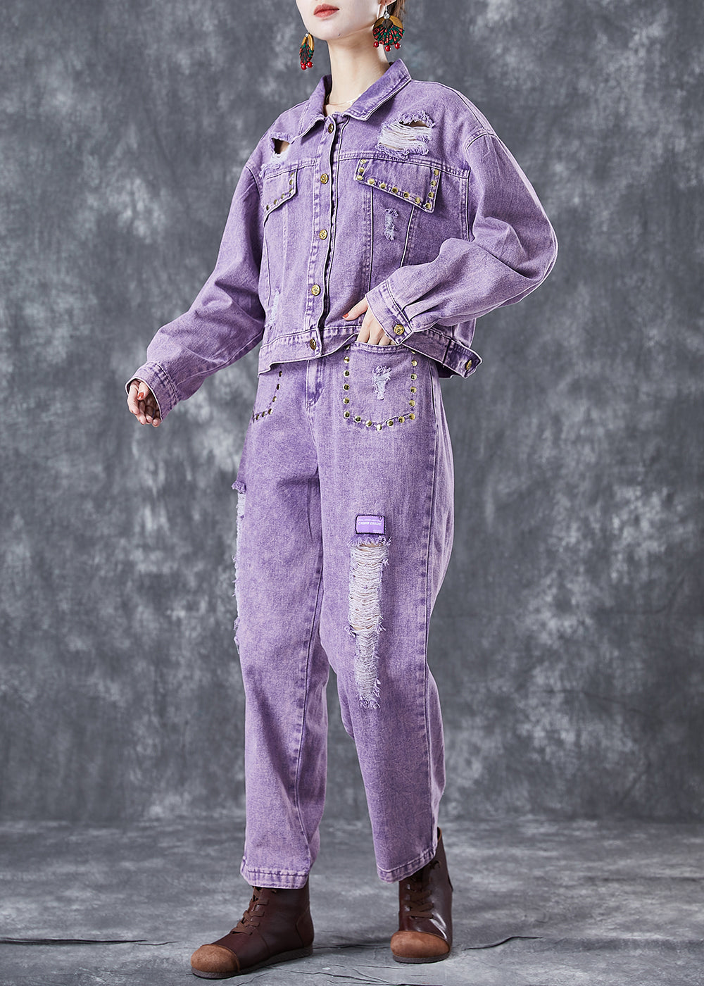 Fitted Purple Hollow Out Rivet Denim Two Pieces Set Summer LY5598 - fabuloryshop