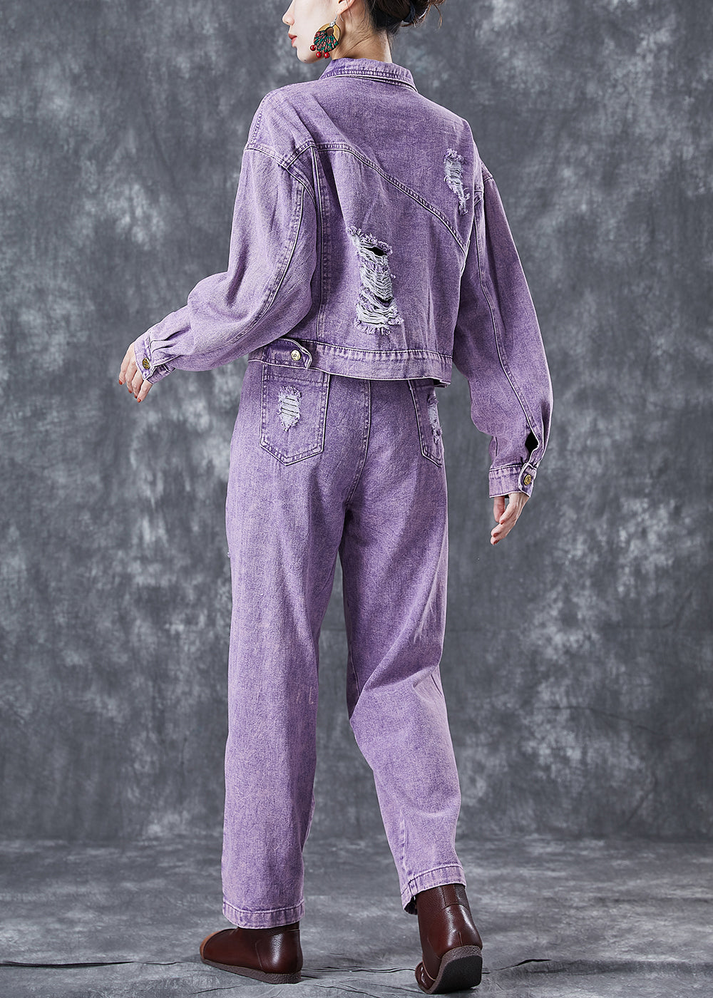 Fitted Purple Hollow Out Rivet Denim Two Pieces Set Summer LY5598 - fabuloryshop