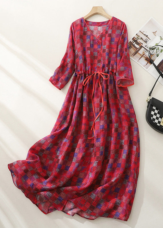 Fitted Red Plaid V Neck Wrinkled Tie Waist Button Maxi Dress Short Sleeve LY4504 - fabuloryshop