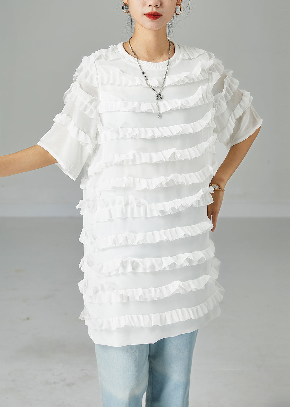 Fitted White O-Neck Patchwork Ruffled Chiffon Dress Summer LY2480 - fabuloryshop