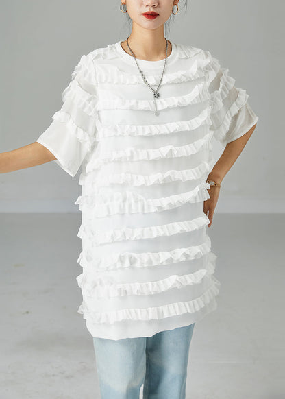 Fitted White O-Neck Patchwork Ruffled Chiffon Dress Summer LY2480 - fabuloryshop