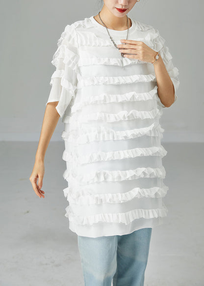 Fitted White O-Neck Patchwork Ruffled Chiffon Dress Summer LY2480 - fabuloryshop