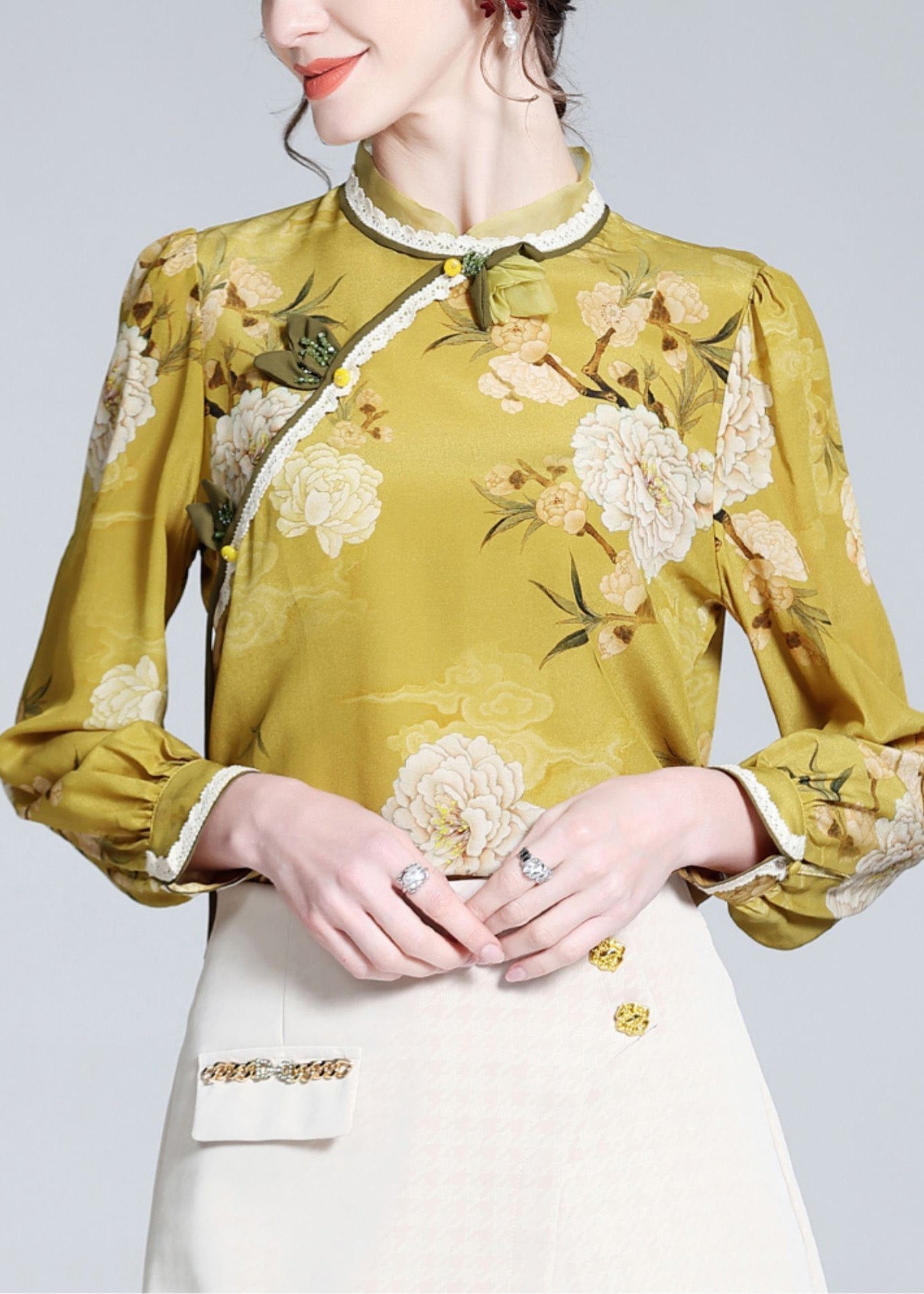 Fitted Yellow Stand Collar Print Silk Shirts Spring LY0708