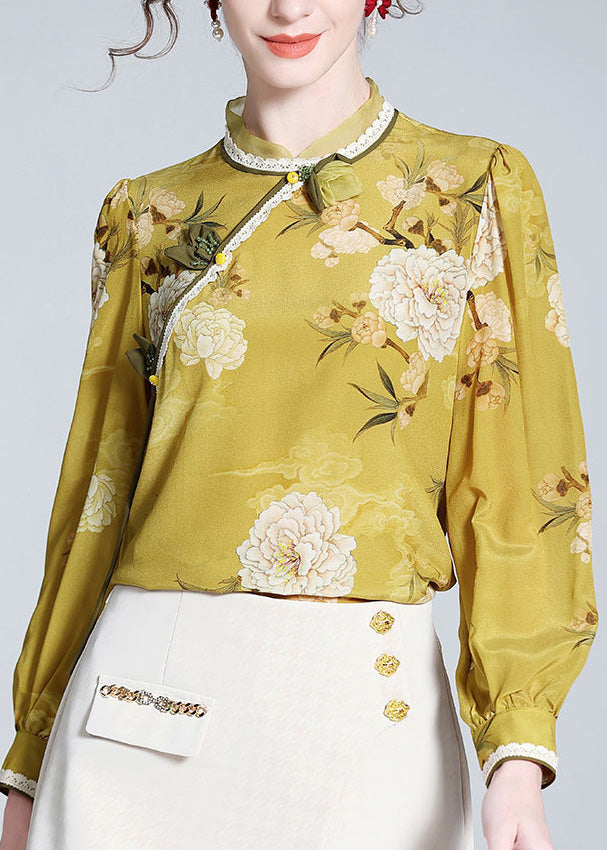 Fitted Yellow Stand Collar Print Silk Shirts AC3014