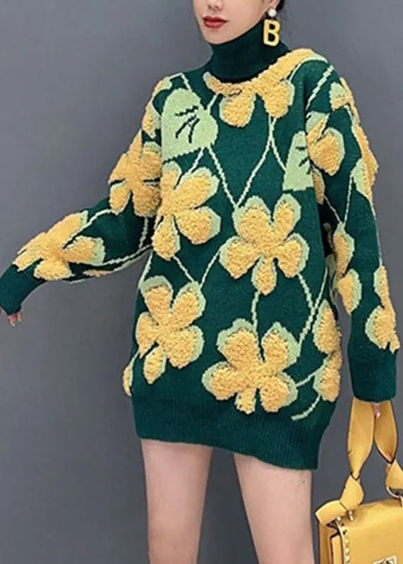 Fitted Yellow Turtleneck Thick Print Knit Sweater Tops Fall Ada Fashion