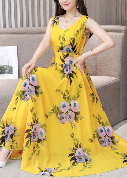 Fitted Yellow V Neck Print Chiffon Long Dress Summer LY1709 - fabuloryshop