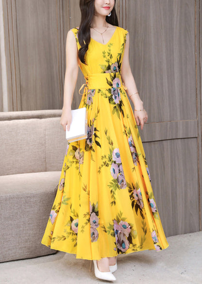 Fitted Yellow V Neck Print Chiffon Long Dress Summer LY1709 - fabuloryshop