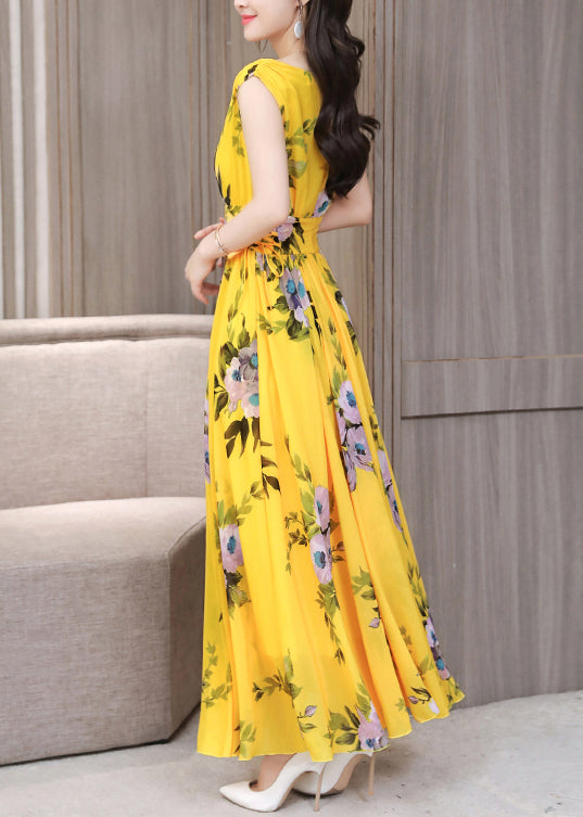 Fitted Yellow V Neck Print Chiffon Long Dress Summer LY1709 - fabuloryshop