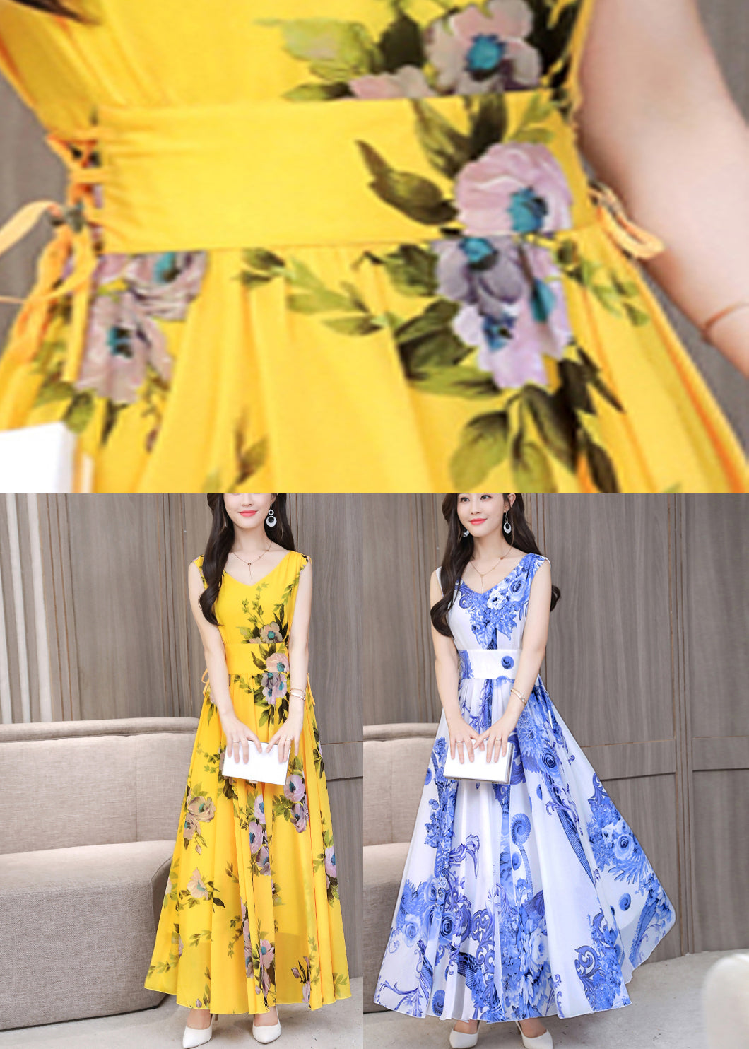 Fitted Yellow V Neck Print Chiffon Long Dress Summer LY1709 - fabuloryshop