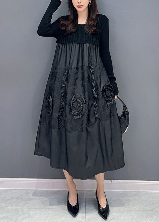 Floral Black Ruffled Knit Patchwork Faux Leather Dress Fall Ada Fashion