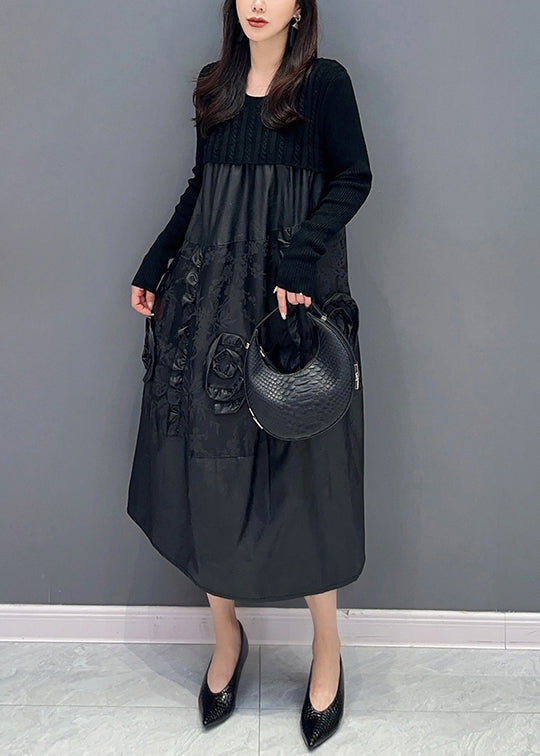 Floral Black Ruffled Knit Patchwork Faux Leather Dress Fall Ada Fashion