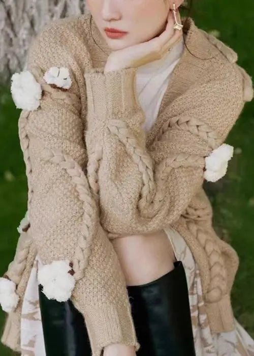 Floral Khaki V Neck  Cable Knit Cardigan Fall Ada Fashion