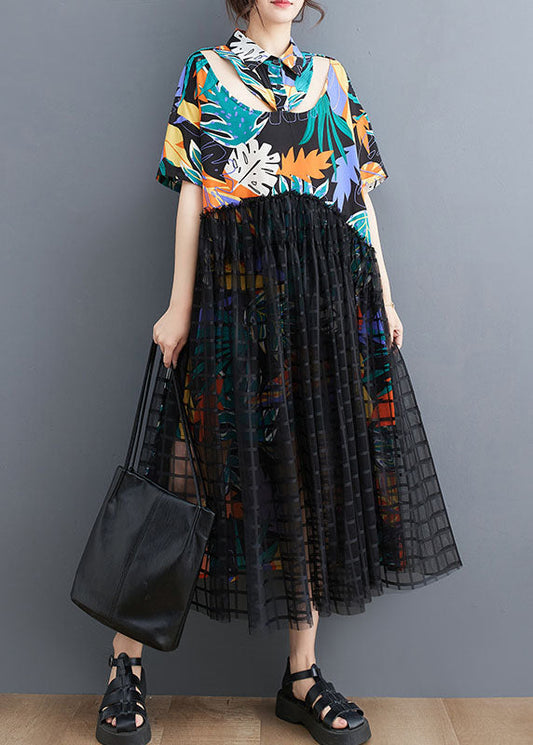 Floral Patchwork Long Tulle Shirts Dress Wrinkled Short Sleeve LY3960 - fabuloryshop