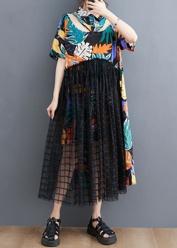 Floral Patchwork Long Tulle Shirts Dress Wrinkled Short Sleeve LY3960 - fabuloryshop