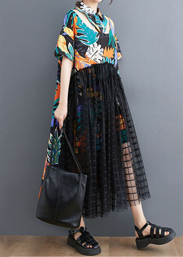 Floral Patchwork Long Tulle Shirts Dress Wrinkled Short Sleeve LY3960 - fabuloryshop