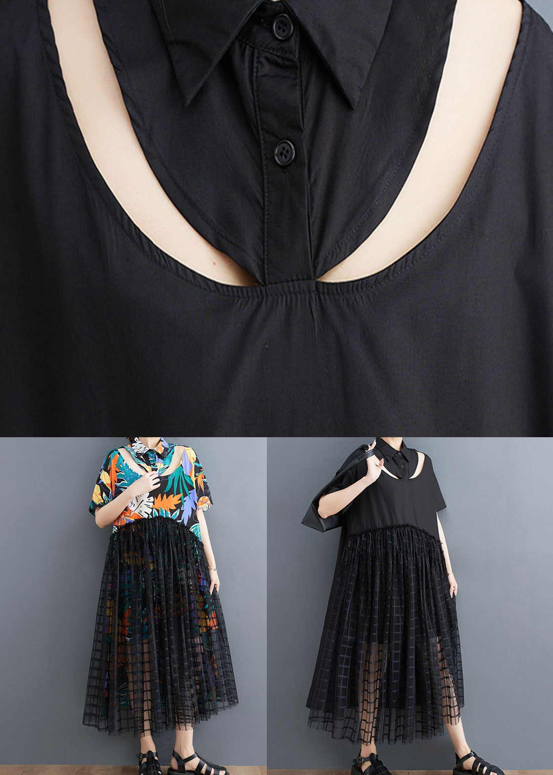 Floral Patchwork Long Tulle Shirts Dress Wrinkled Short Sleeve LY3960 - fabuloryshop