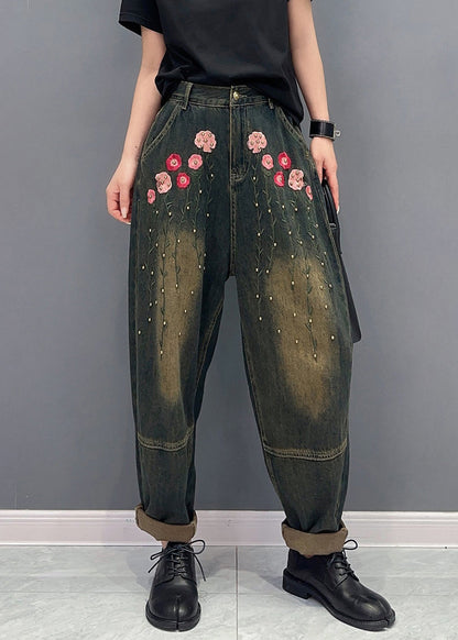 Floral Rivet Patchwork Denim Pockets Harem Pants Fall Ada Fashion