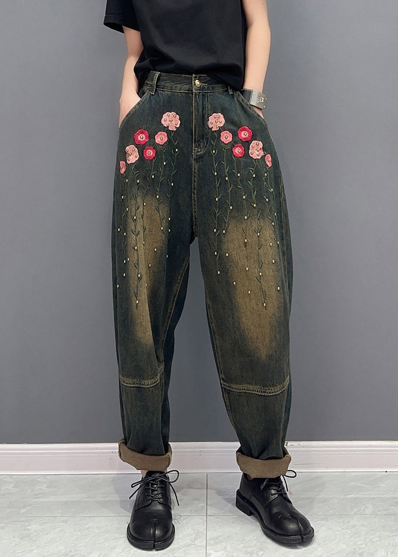 Floral Rivet Patchwork Denim Pockets Harem Pants Fall Ada Fashion