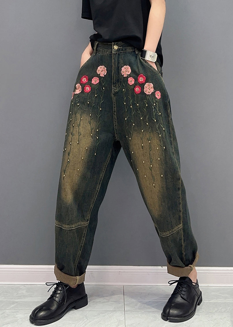 Floral Rivet Patchwork Denim Pockets Harem Pants Fall Ada Fashion