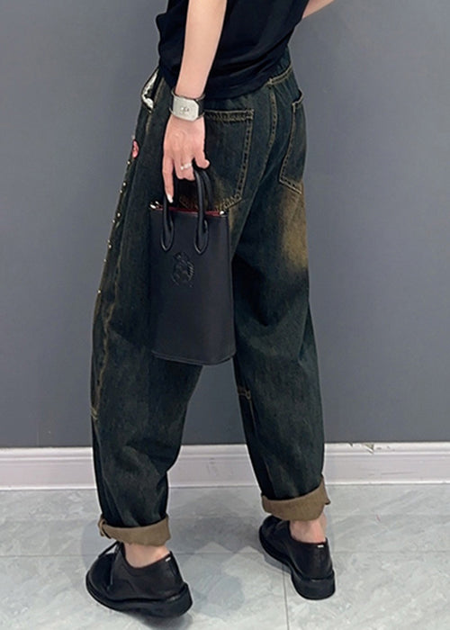 Floral Rivet Patchwork Denim Pockets Harem Pants Fall Ada Fashion