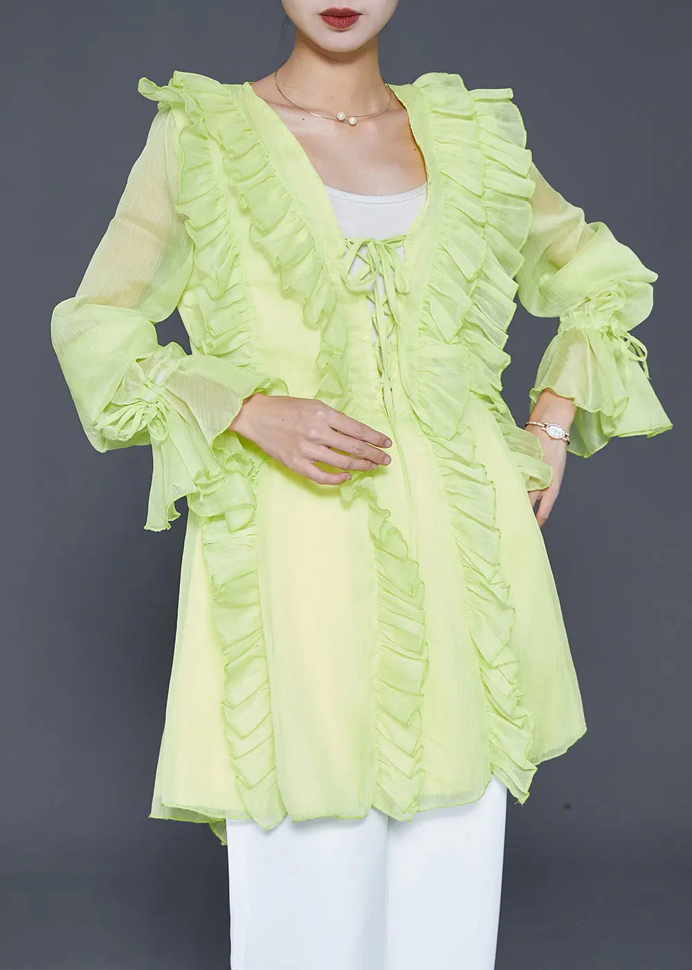 Fluorescent Green Chiffon Shirts Ruffled Lace Up Fall Ada Fashion