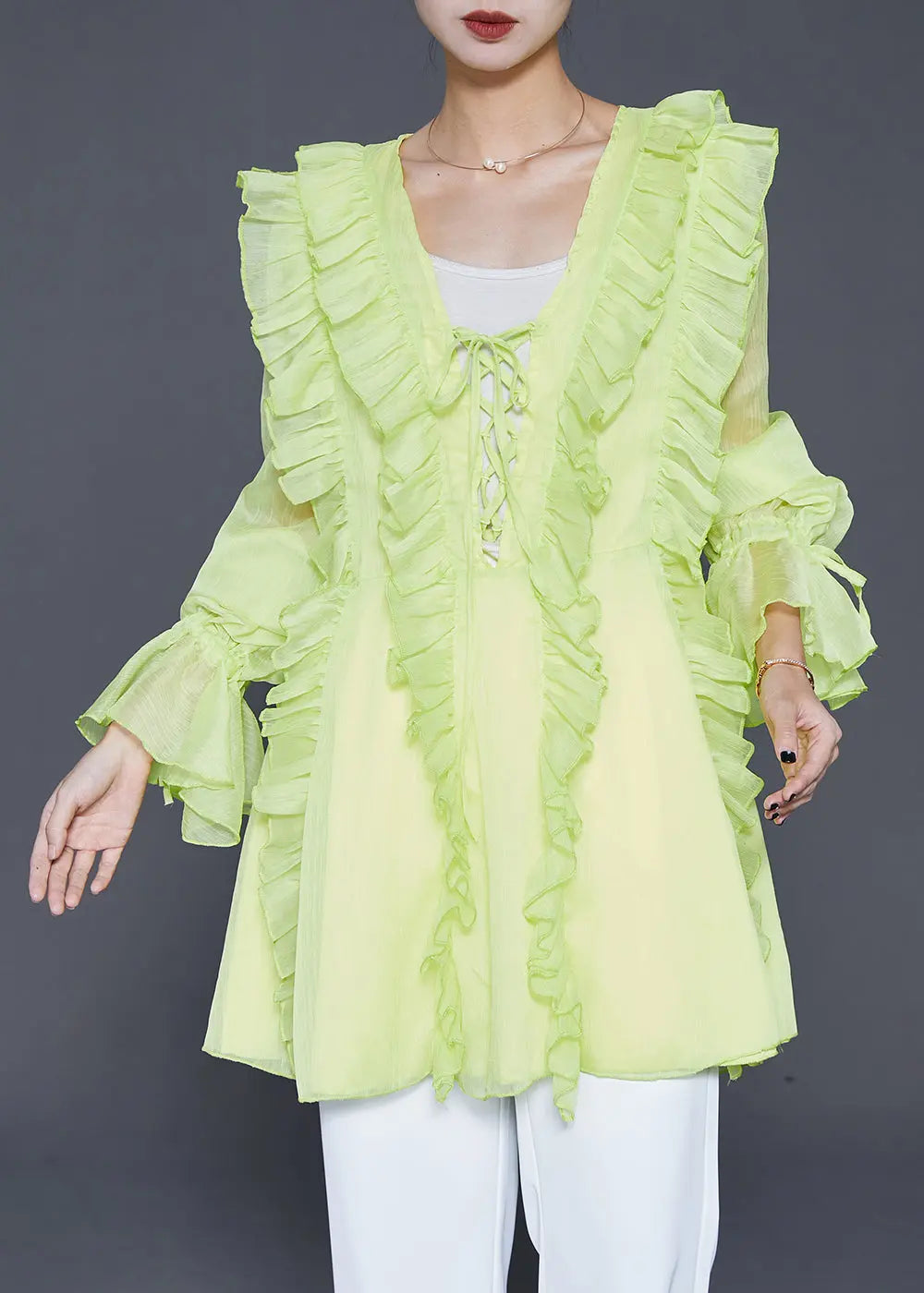 Fluorescent Green Chiffon Shirts Ruffled Lace Up Fall Ada Fashion