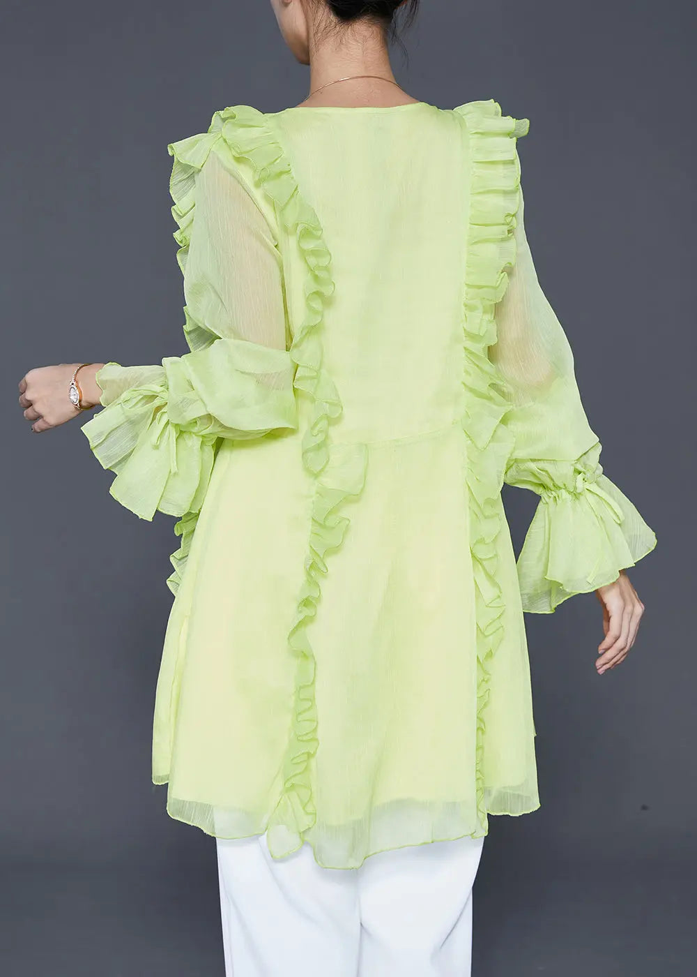 Fluorescent Green Chiffon Shirts Ruffled Lace Up Fall Ada Fashion