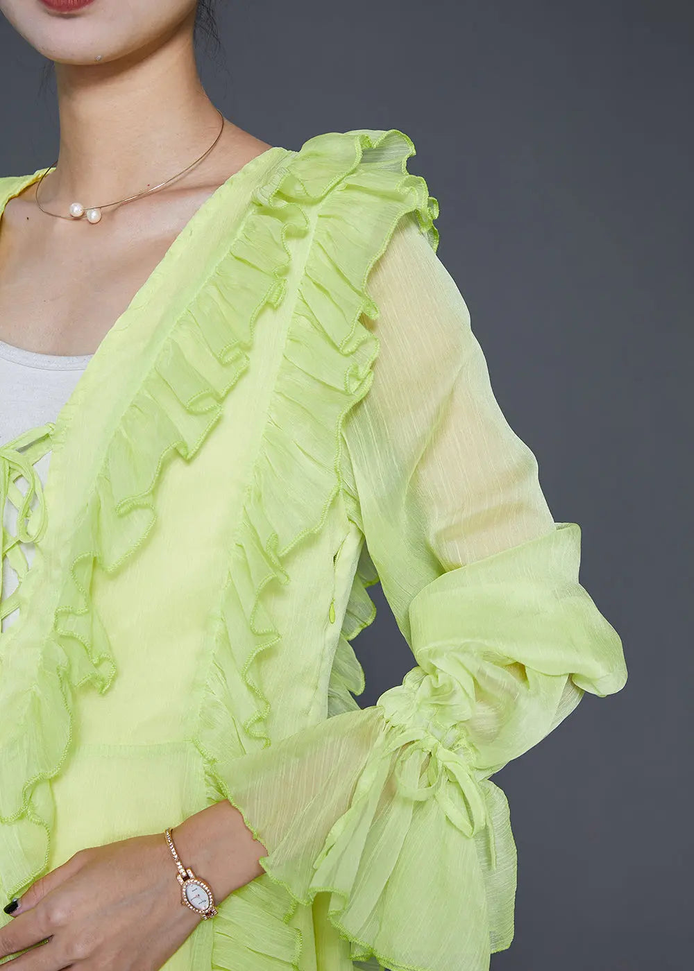 Fluorescent Green Chiffon Shirts Ruffled Lace Up Fall Ada Fashion