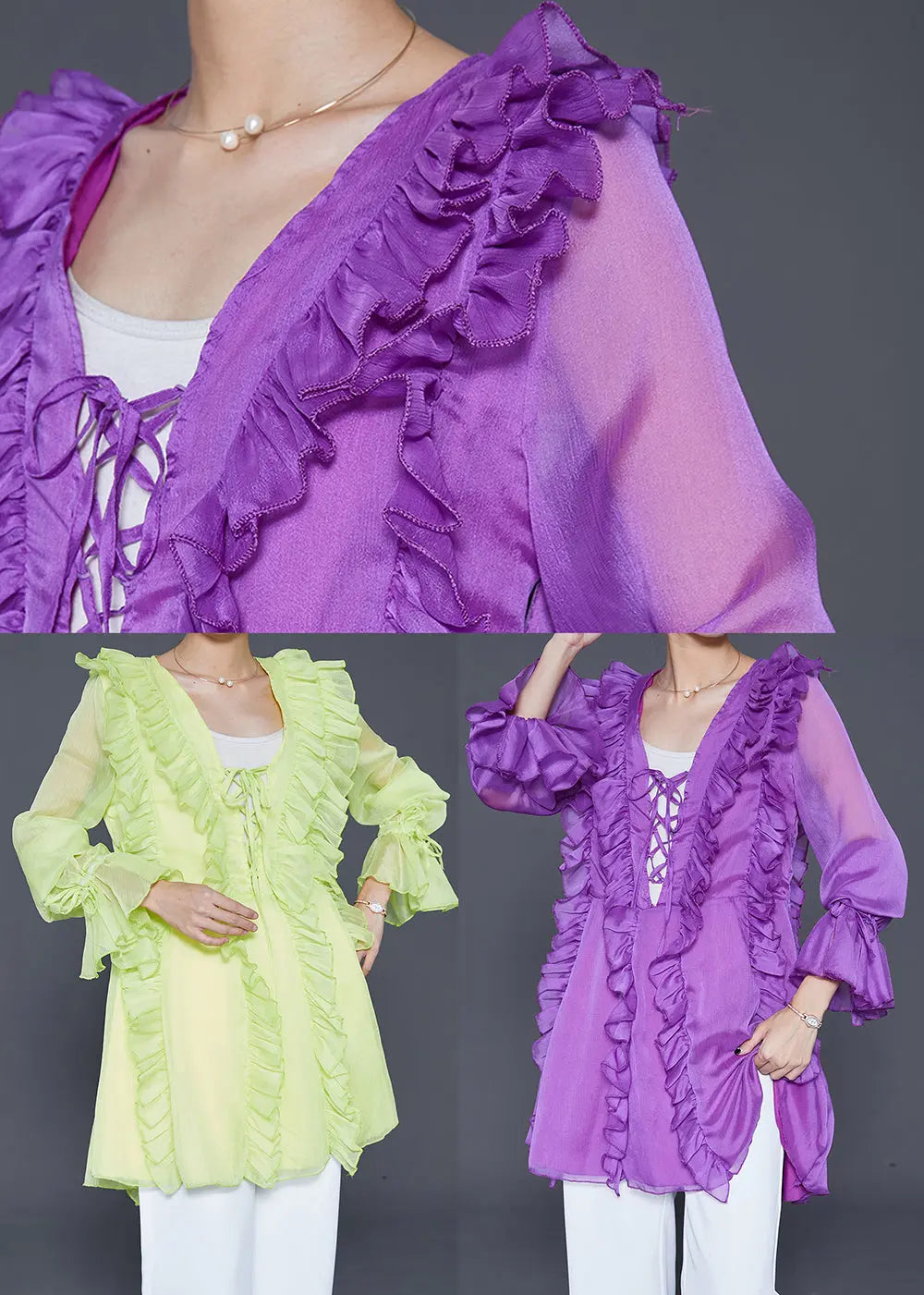 Fluorescent Green Chiffon Shirts Ruffled Lace Up Fall Ada Fashion