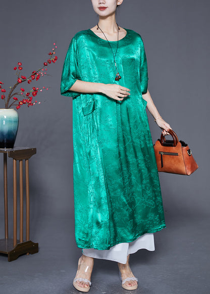 Fluorescent Green Silk Maxi Dresses O-Neck Pockets Summer Ada Fashion