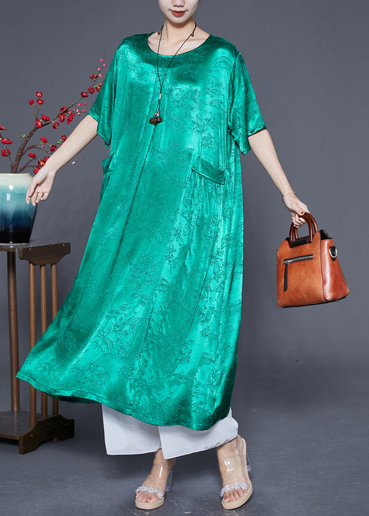 Fluorescent Green Silk Maxi Dresses O-Neck Pockets Summer Ada Fashion