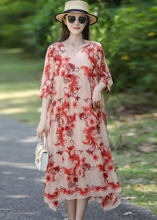 French Apricot Embroideried Oversized Silk Holiday Dress Summer LY0515 - fabuloryshop