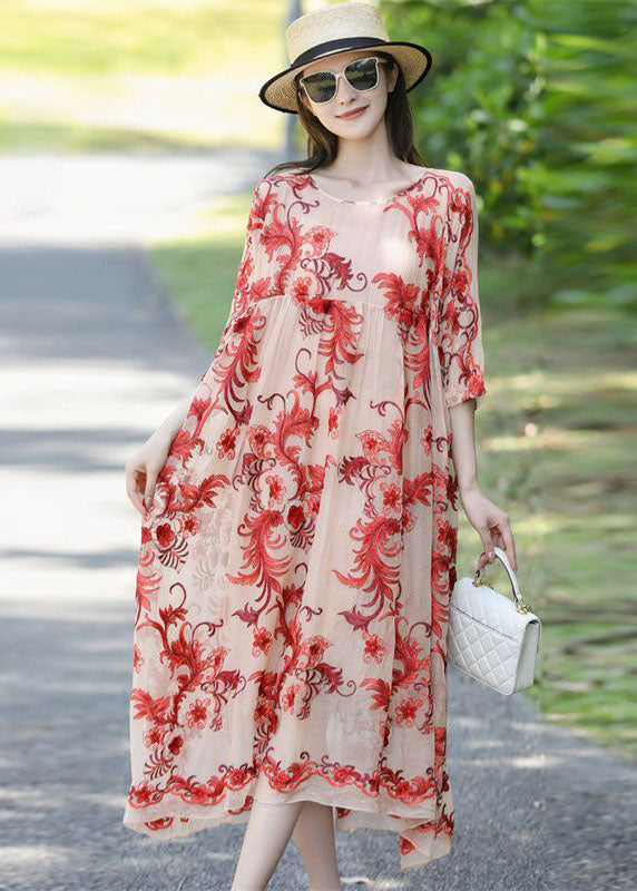 French Apricot Embroideried Oversized Silk Holiday Dress Summer LY0515 - fabuloryshop