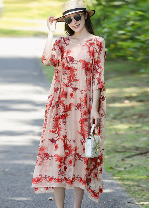 French Apricot Embroideried Oversized Silk Holiday Dress Summer LY0515