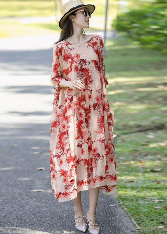 French Apricot Embroideried Oversized Silk Holiday Dress Summer LY0515