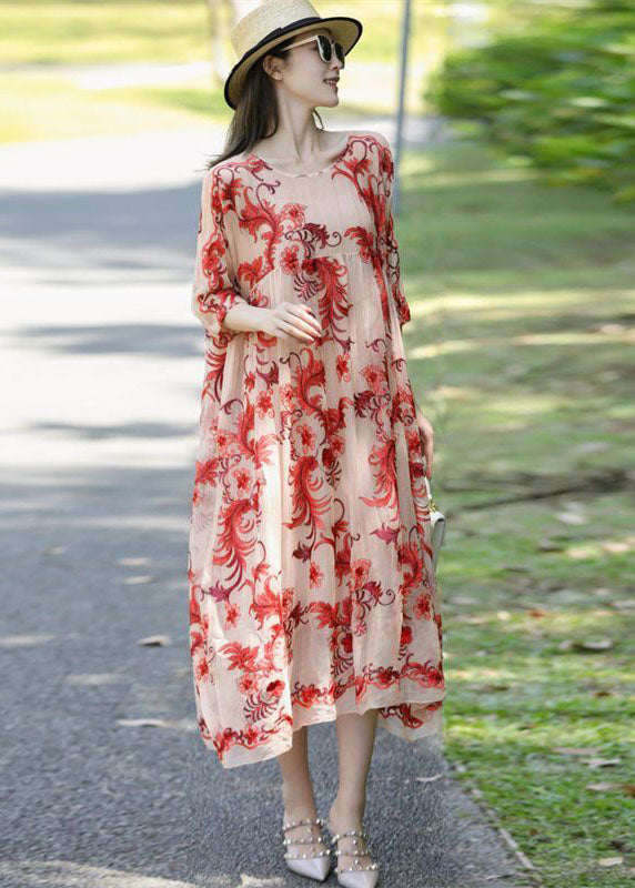 French Apricot Embroideried Oversized Silk Holiday Dress Summer LY0515 - fabuloryshop