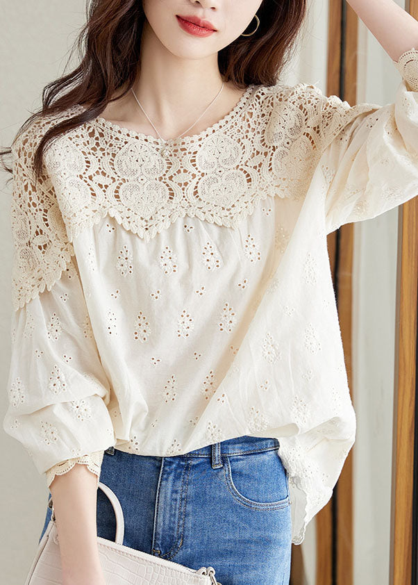 French Apricot Hollow Out Lace Patchwork Cotton Shirts Top Spring Ada Fashion