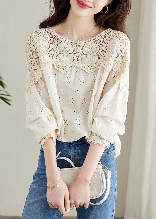 French Apricot Hollow Out Lace Patchwork Cotton Shirts Top Spring TQ1045 - fabuloryshop