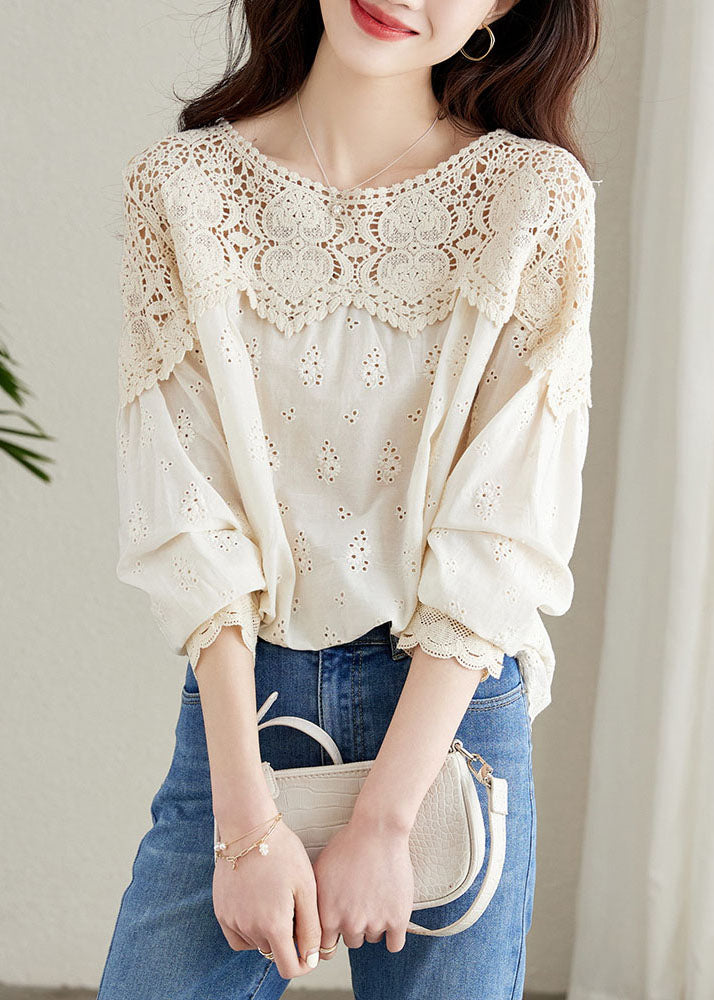 French Apricot Hollow Out Lace Patchwork Cotton Shirts Top Spring Ada Fashion