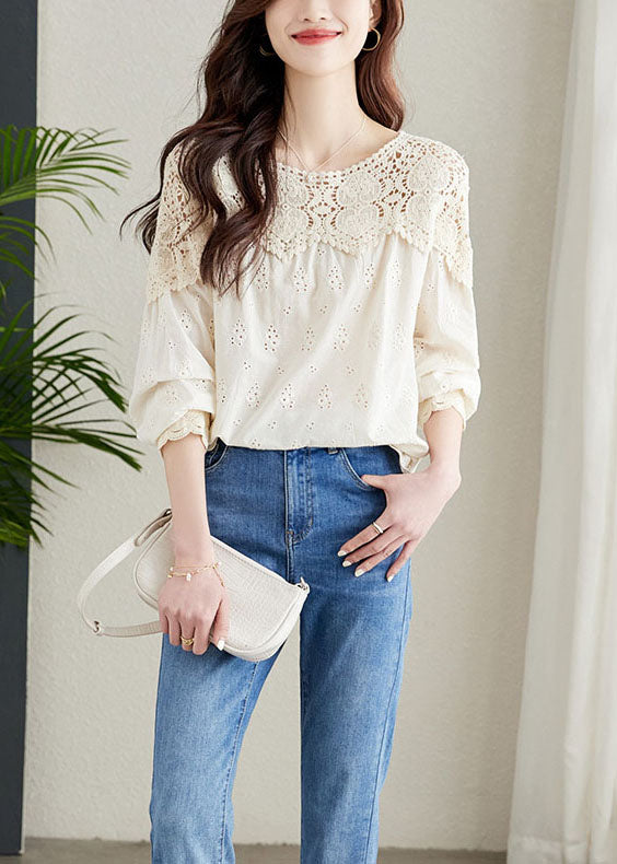 French Apricot Hollow Out Lace Patchwork Cotton Shirts Top Spring Ada Fashion