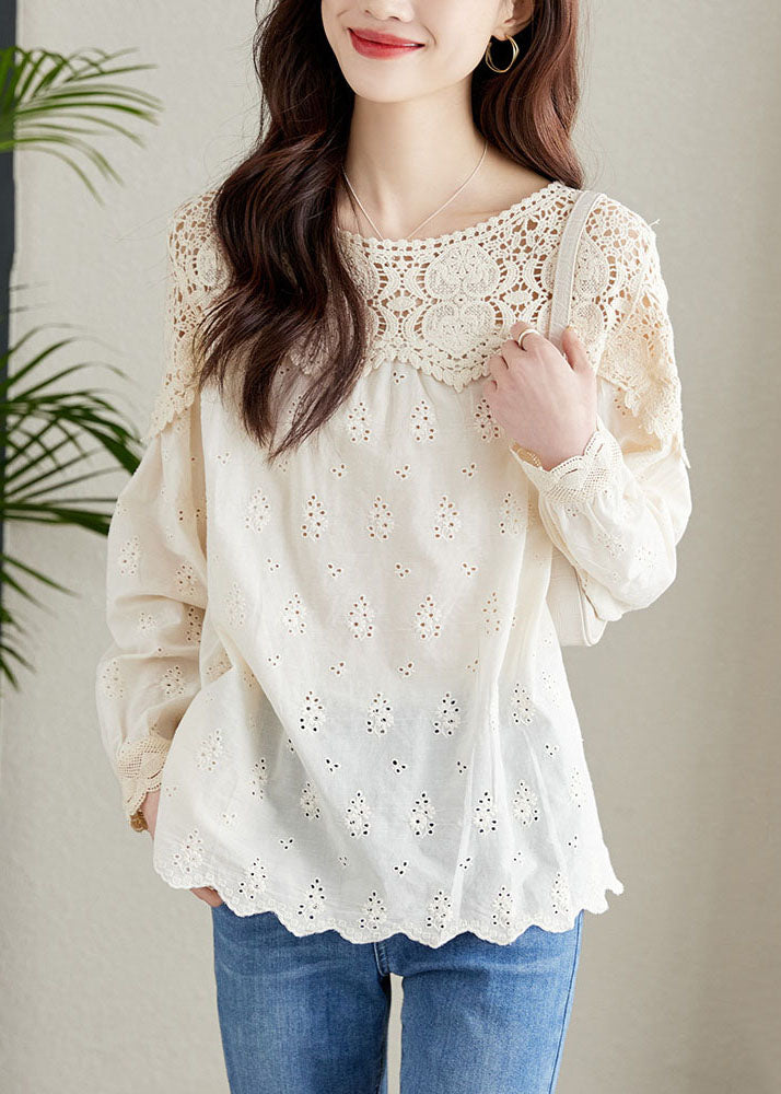 French Apricot Hollow Out Lace Patchwork Cotton Shirts Top Spring Ada Fashion