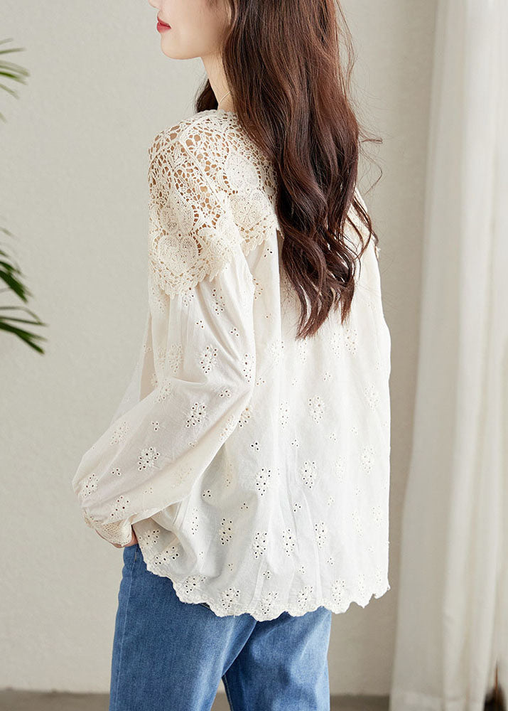 French Apricot Hollow Out Lace Patchwork Cotton Shirts Top Spring Ada Fashion