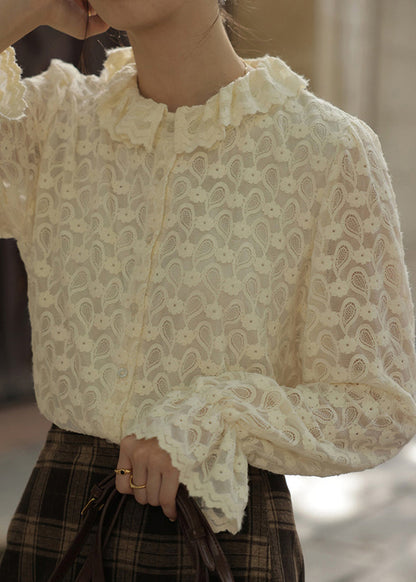 Apricot Ruffled Button Patchwork Lace Top