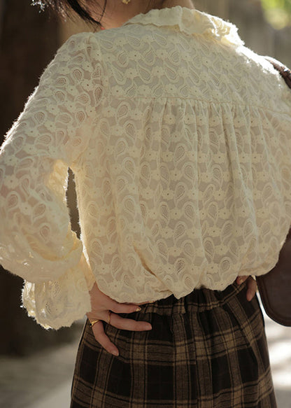 Apricot Ruffled Button Patchwork Lace Top