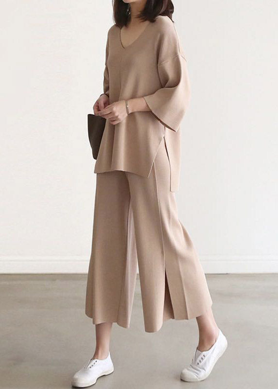 French Apricot V Neck Knit Top And Wide Leg Pants Two Pieces Set Spring LY2055 - fabuloryshop