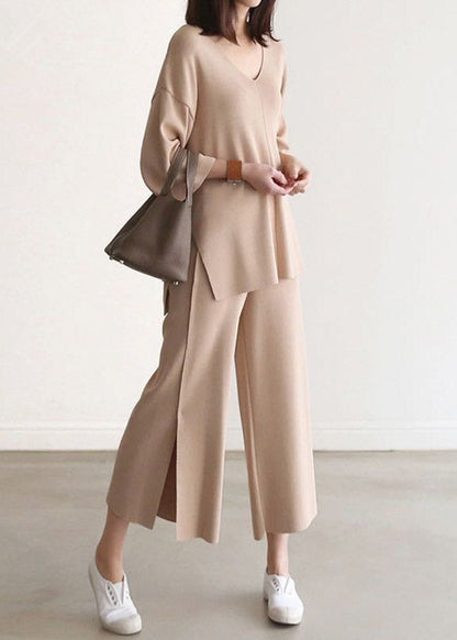 French Apricot V Neck Knit Top And Wide Leg Pants Two Pieces Set Spring LY2055 - fabuloryshop